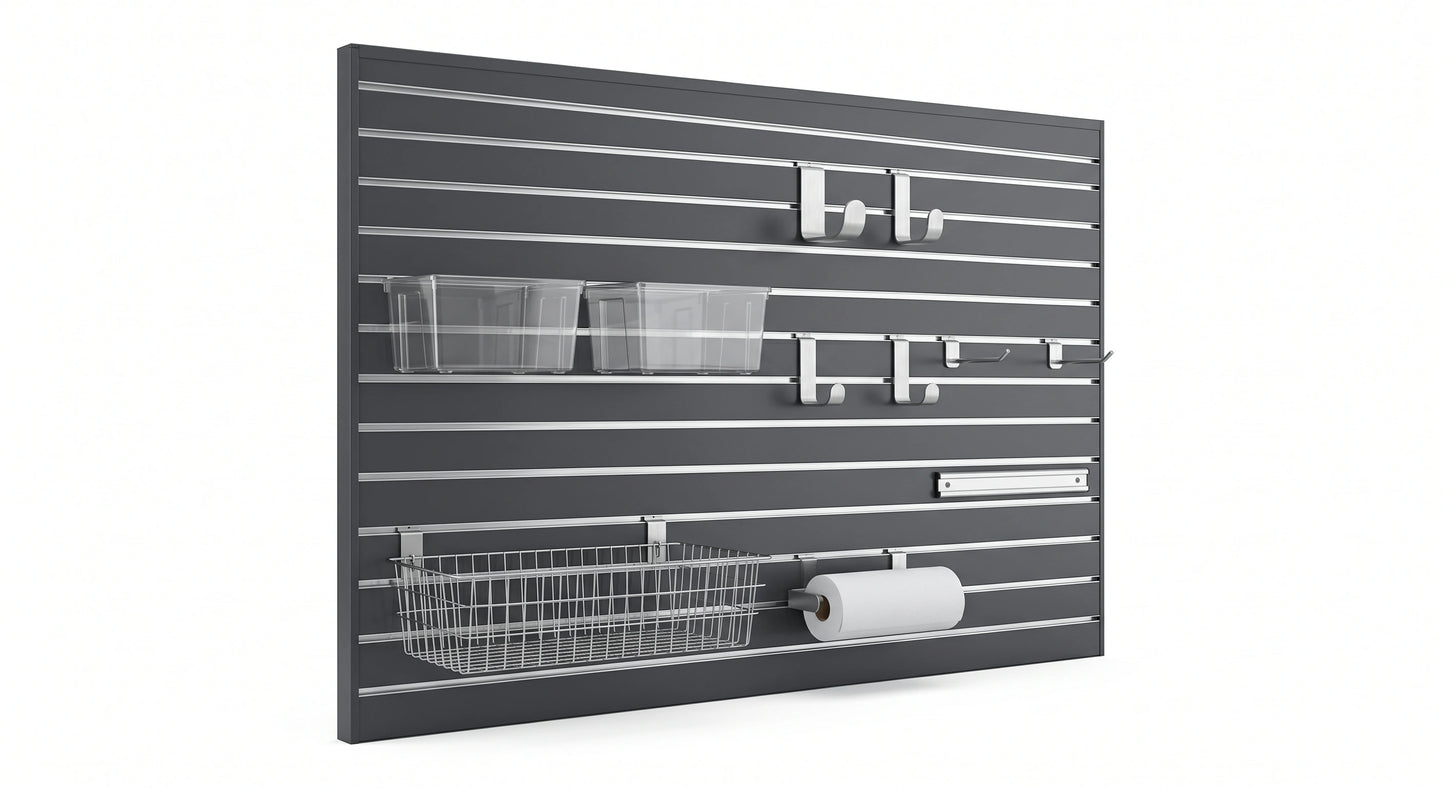 Complete 8x8 ft Slatwall Organization System (Charcoal & Aluminum)